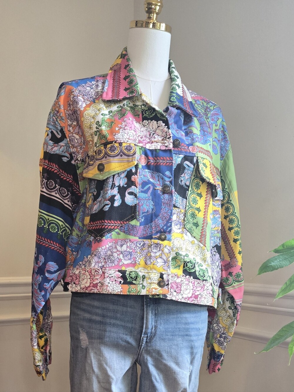 Colorful, Fun, Printed Denim Jacket Sz L